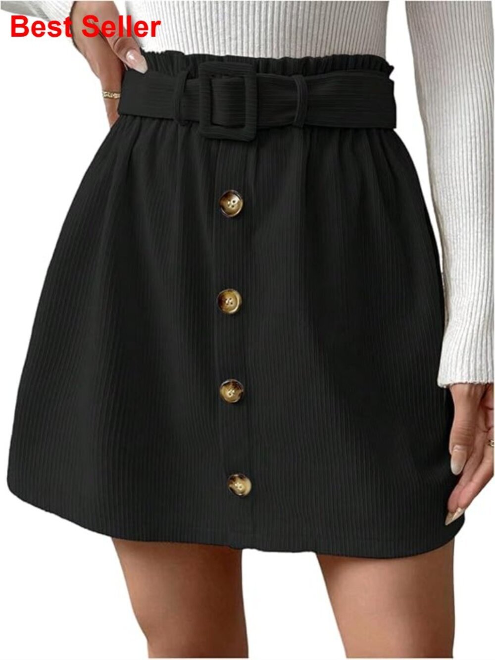High Waist Paperbag Corduroy Mini Skirt with Belt Button Front